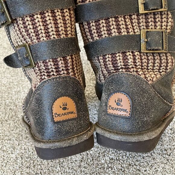 BearPaw Boshie Chestnut Distressed Leather Knit Combo Booties Women’s size 9 - Picture 6 of 8